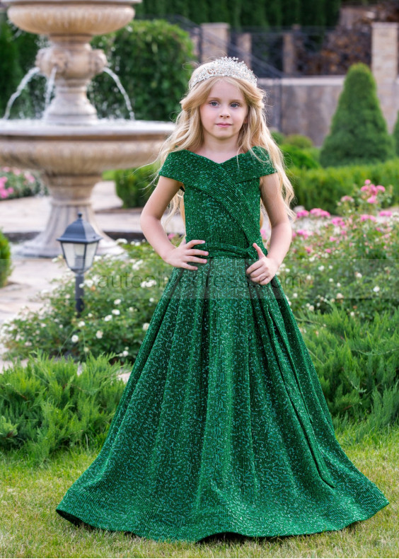 Off Shoulder Green Sequin Floor Length Flower Girl Dress